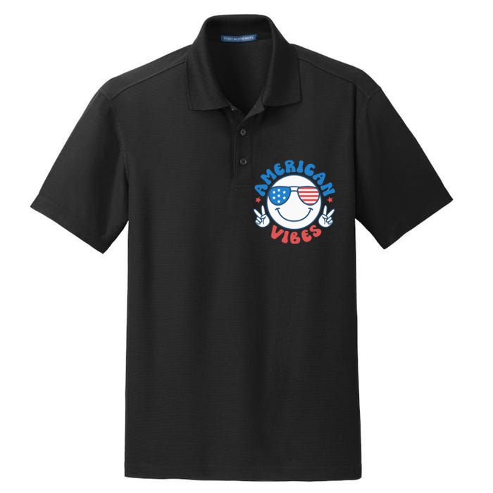 America Vibes Fourth 4th of July Happy Face Smile Patriotic Dry Zone Grid Polo