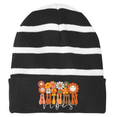 Autumn Vibes Groovy Design Fall Lover Thanksgiving Day Striped Beanie with Solid Band