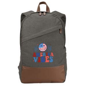 America Vibes Groovy Smile Emotion Usa Flag 4th Of July Gift Cotton Canvas Backpack