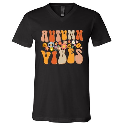 Autumn Vibes Groovy Design Fall Lover Thanksgiving Day V-Neck T-Shirt