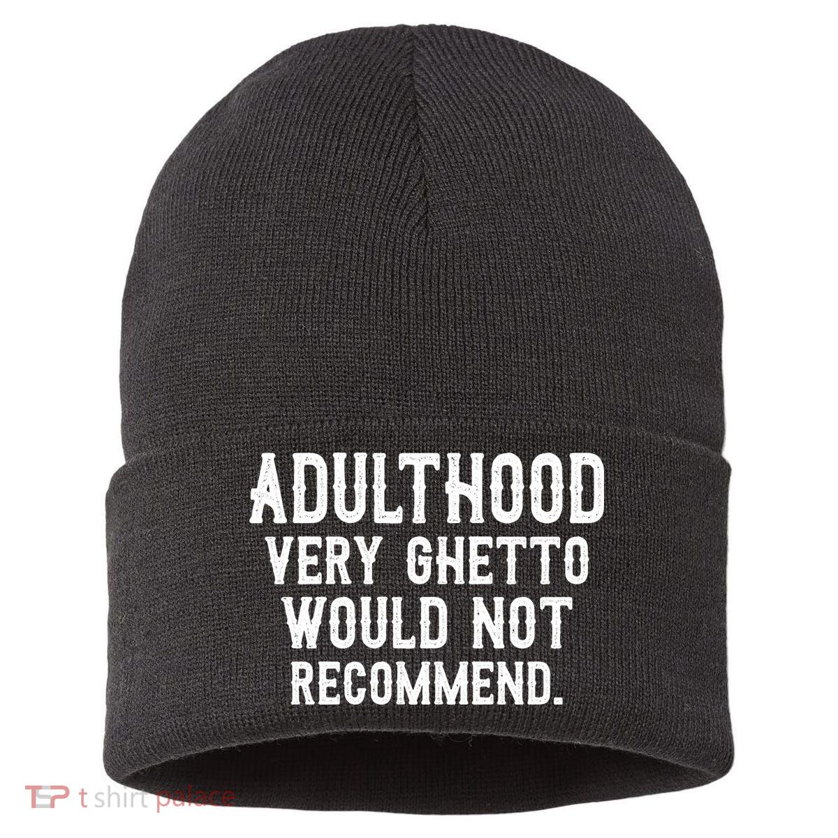 Adulthood Very Ghetto Would Not Recommend Funny Sustainable Knit Beanie