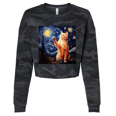 Art Van Gogh Starry Night Cat Gifts For Cats Lover Mom Dad Cropped Pullover Crew