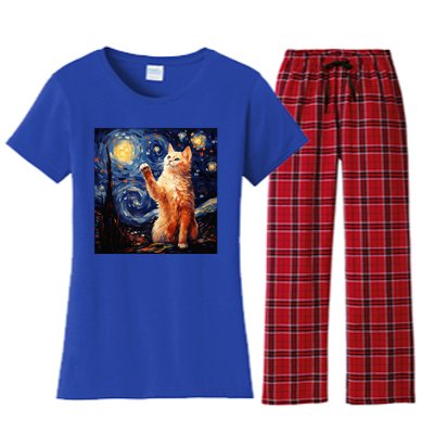 Art Van Gogh Starry Night Cat Gifts For Cats Lover Mom Dad Women's Flannel Pajama Set