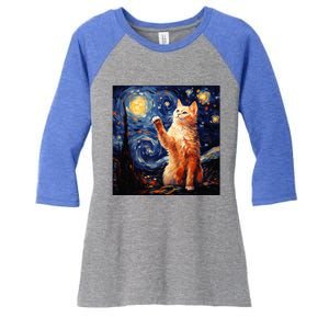 Art Van Gogh Starry Night Cat Gifts For Cats Lover Mom Dad Women's Tri-Blend 3/4-Sleeve Raglan Shirt