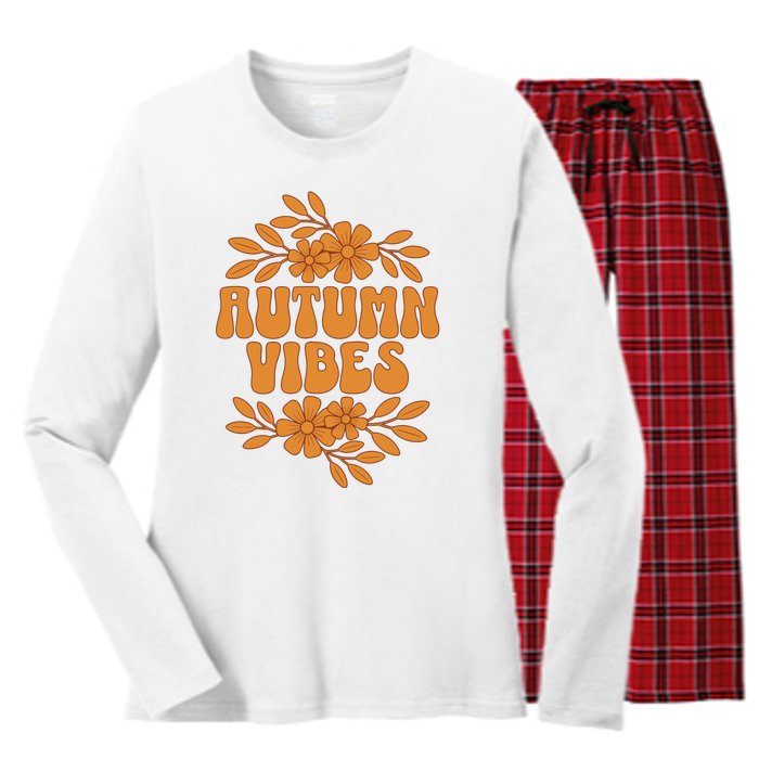 Autumn Vibes Groovy Floral Retro Fall Graphic Women's Long Sleeve Flannel Pajama Set 