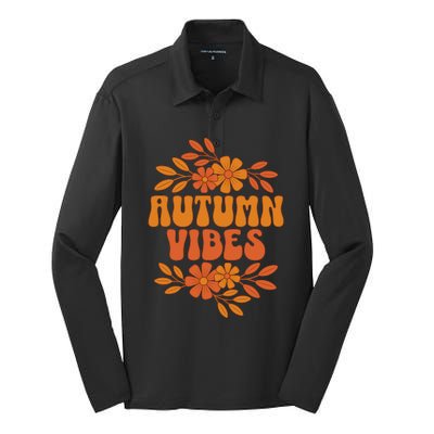 Autumn Vibes Groovy Floral Retro Fall Silk Touch Performance Long Sleeve Polo