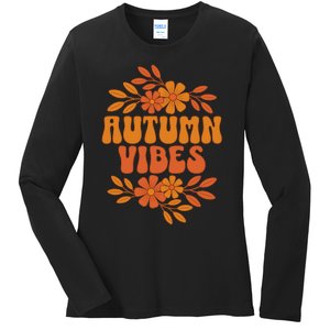 Autumn Vibes Groovy Floral Retro Fall Ladies Long Sleeve Shirt