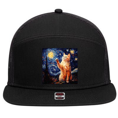 Art Van Gogh Starry Night Cat Gifts For Cats Lover Mom Dad 7 Panel Mesh Trucker Snapback Hat