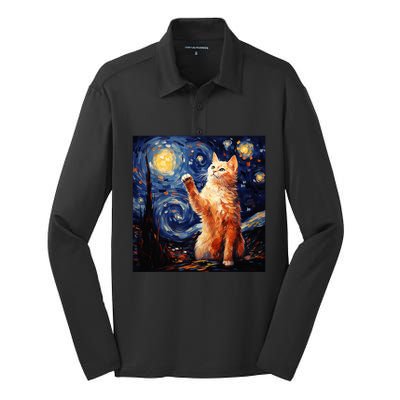 Art Van Gogh Starry Night Cat Gifts For Cats Lover Mom Dad Silk Touch Performance Long Sleeve Polo