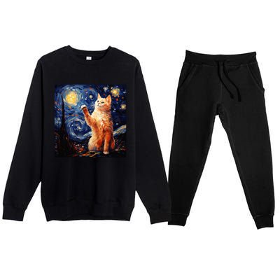 Art Van Gogh Starry Night Cat Gifts For Cats Lover Mom Dad Premium Crewneck Sweatsuit Set