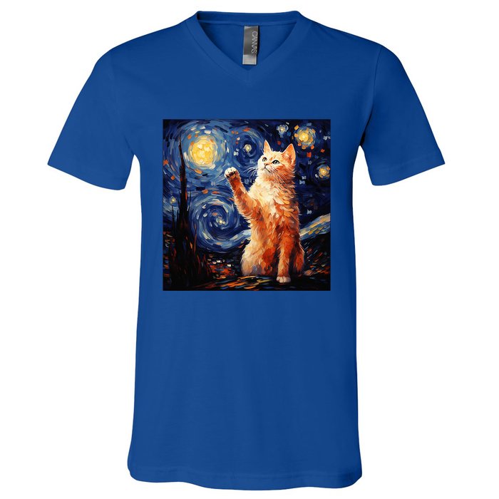 Art Van Gogh Starry Night Cat Gifts For Cats Lover Mom Dad V-Neck T-Shirt