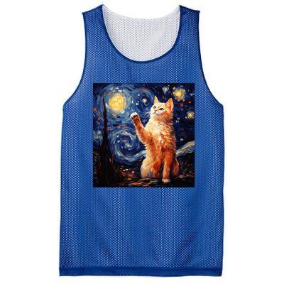 Art Van Gogh Starry Night Cat Gifts For Cats Lover Mom Dad Mesh Reversible Basketball Jersey Tank