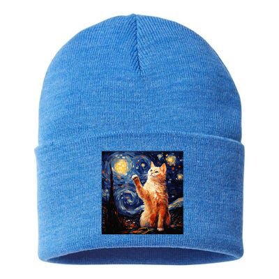 Art Van Gogh Starry Night Cat Gifts For Cats Lover Mom Dad Sustainable Knit Beanie