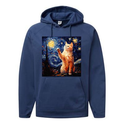 Art Van Gogh Starry Night Cat Gifts For Cats Lover Mom Dad Performance Fleece Hoodie