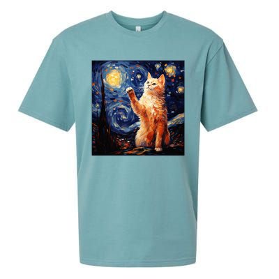 Art Van Gogh Starry Night Cat Gifts For Cats Lover Mom Dad Sueded Cloud Jersey T-Shirt