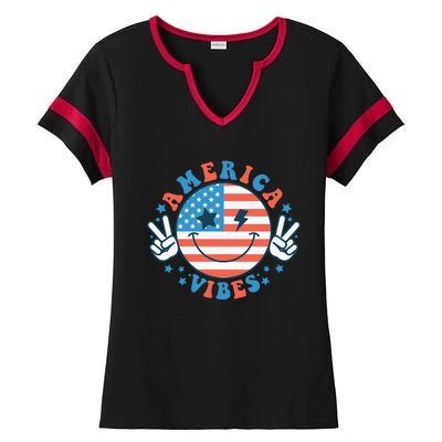 America Vibes Happy Face Smile American Flag 4th Of July Great Gift Ladies Halftime Notch Neck Tee