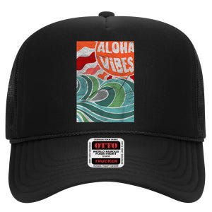 Aloha Vibes Hawaii Sunset Waves High Crown Mesh Back Trucker Hat