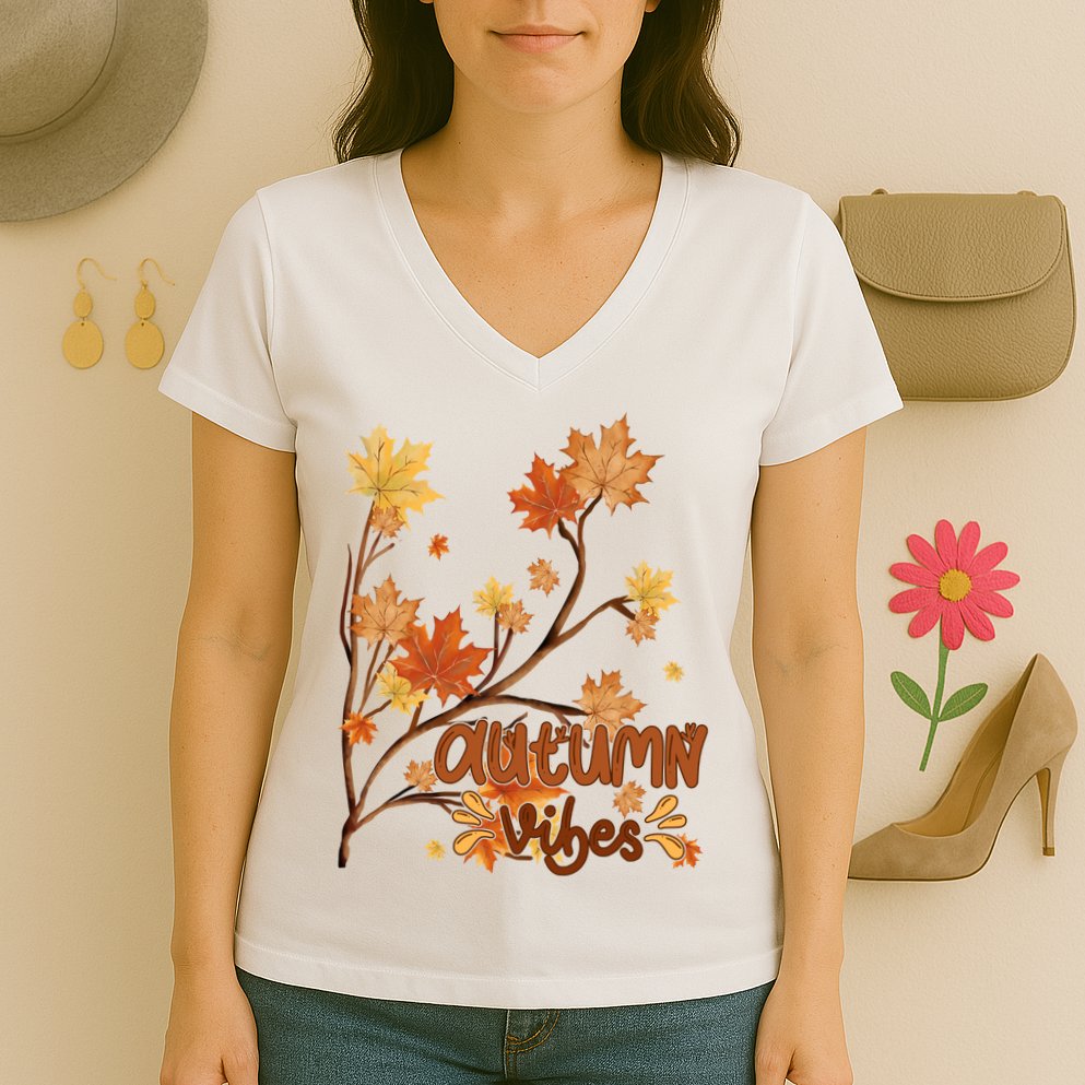 Autumn Vibes Leaves Cozy Women's V-Neck T-Shirt