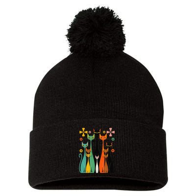 Aesthetic Vintage Mod Cat Design – Retro 50s Kitsch Artwork .Png Pom Pom 12in Knit Beanie