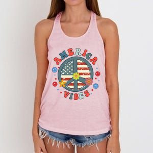 America Vibes Peace Sign Retro Groovy Flowers Us 4th Of July Gift Women's Knotted Racerback Tank