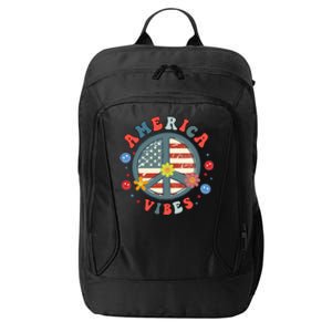 America Vibes Peace Sign Retro Groovy Flowers Us 4th Of July Cool Gift City Backpack