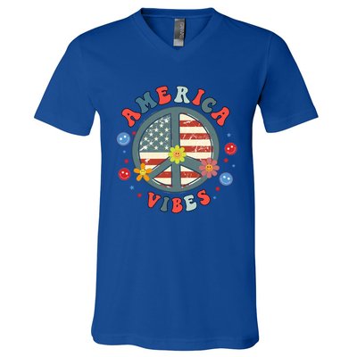 America Vibes Peace Sign Retro Groovy Flowers Us 4th Of July Cool Gift V-Neck T-Shirt