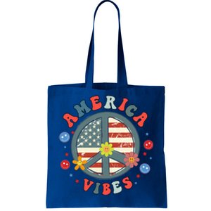 America Vibes Peace Sign Retro Groovy Flowers Us 4th Of July Cool Gift Tote Bag