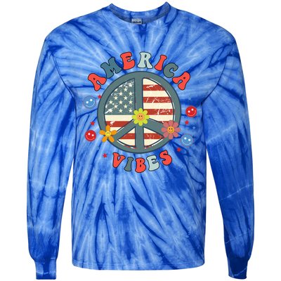 America Vibes Peace Sign Retro Groovy Flowers Us 4th Of July Cool Gift Tie-Dye Long Sleeve Shirt