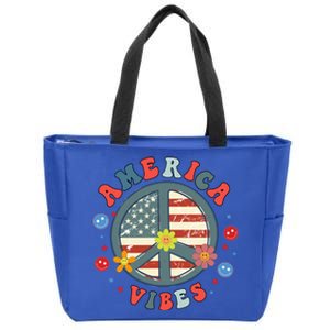 America Vibes Peace Sign Retro Groovy Flowers Us 4th Of July Cool Gift Zip Tote Bag