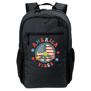 America Vibes Peace Sign Retro Groovy Flowers Us 4th Of July Cool Gift Daily Commute Backpack