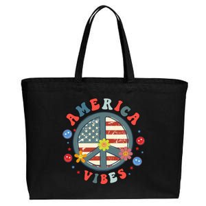 America Vibes Peace Sign Retro Groovy Flowers Us 4th Of July Cool Gift Cotton Canvas Jumbo Tote