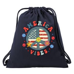 America Vibes Peace Sign Retro Groovy Flowers Us 4th Of July Cool Gift Drawstring Bag