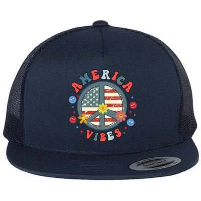 America Vibes Peace Sign Retro Groovy Flowers Us 4th Of July Cool Gift Flat Bill Trucker Hat