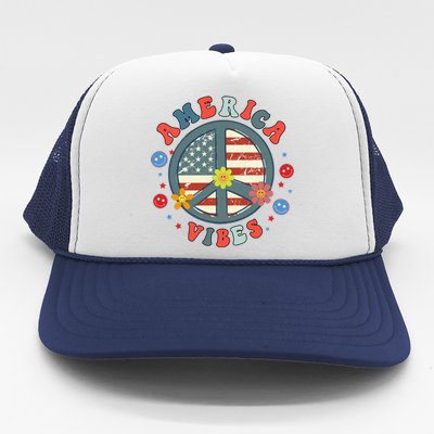 America Vibes Peace Sign Retro Groovy Flowers Us 4th Of July Cool Gift Trucker Hat