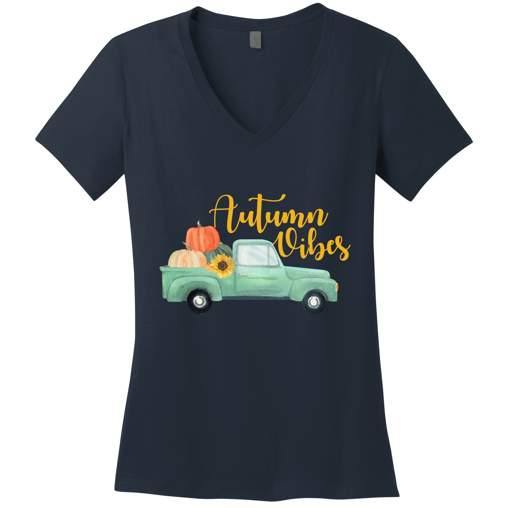 Autumn Vibes Pumpkin Truck Women's V-Neck T-Shirt