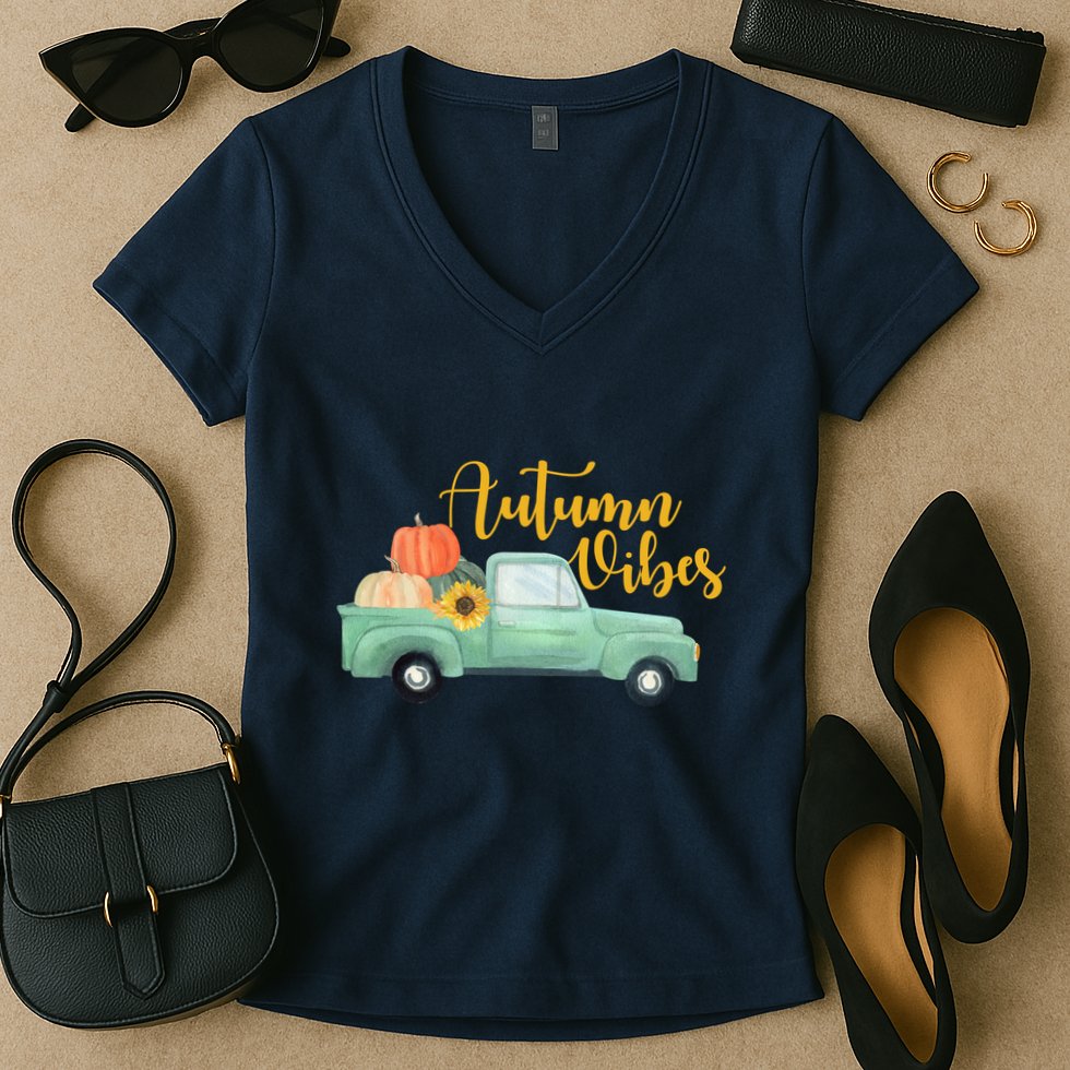 Autumn Vibes Pumpkin Truck Women's V-Neck T-Shirt