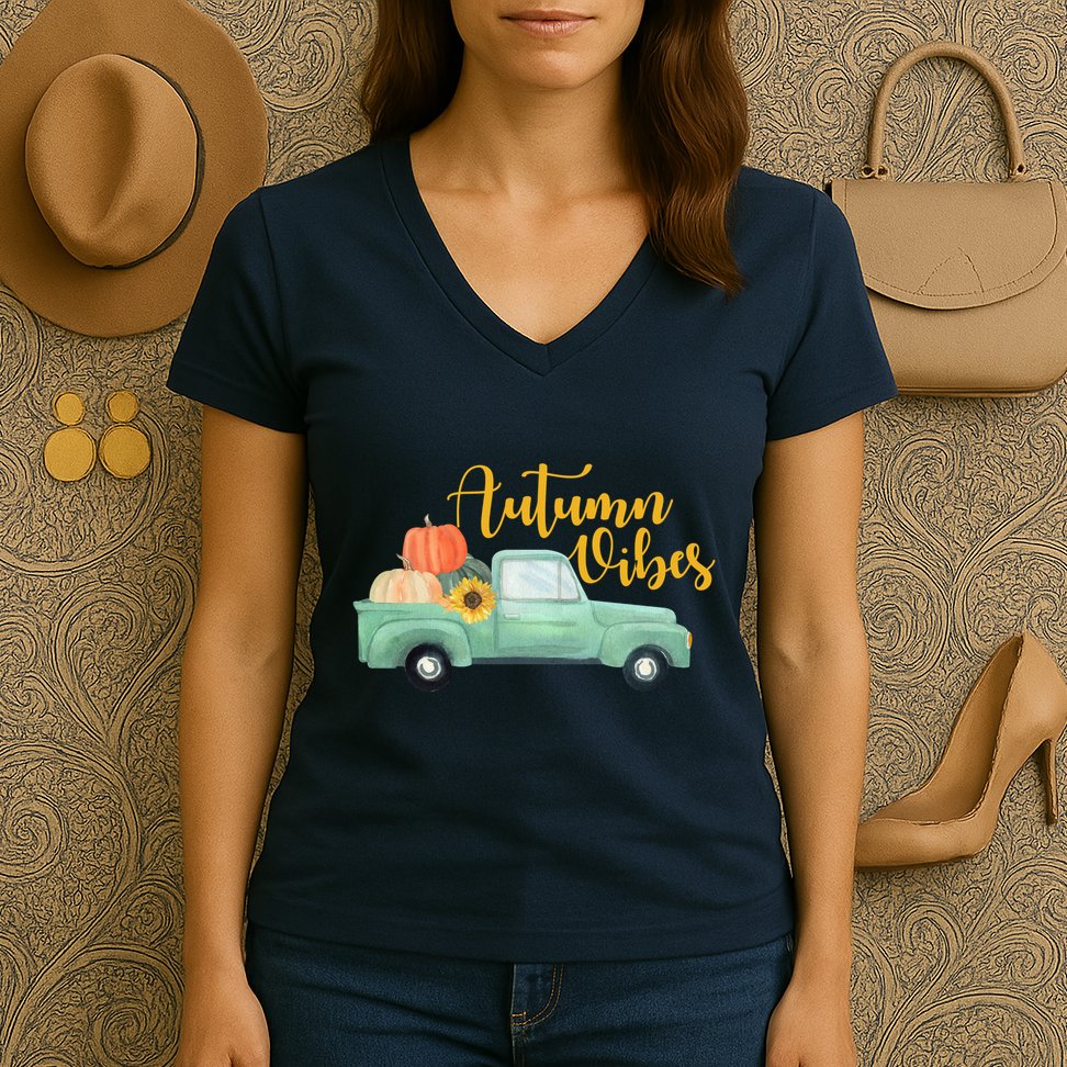 Autumn Vibes Pumpkin Truck Women's V-Neck T-Shirt