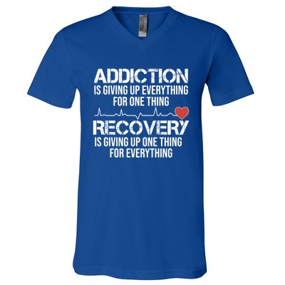 Addiction Vs Recovery Aa Na Heartbeat Clean Sober Life Cute Gift V-Neck T-Shirt