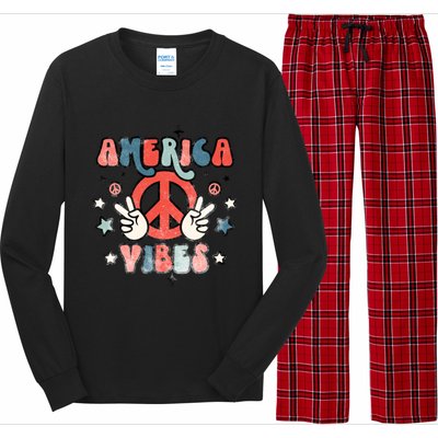 America Vibes Retro Distressed 4th Of July Vintage Graphic Gift Long Sleeve Pajama Set