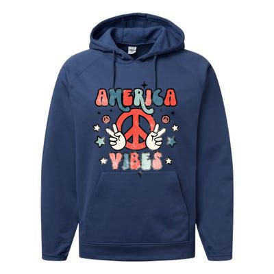 America Vibes Retro Distressed 4th Of July Vintage Graphic Gift Performance Fleece Hoodie