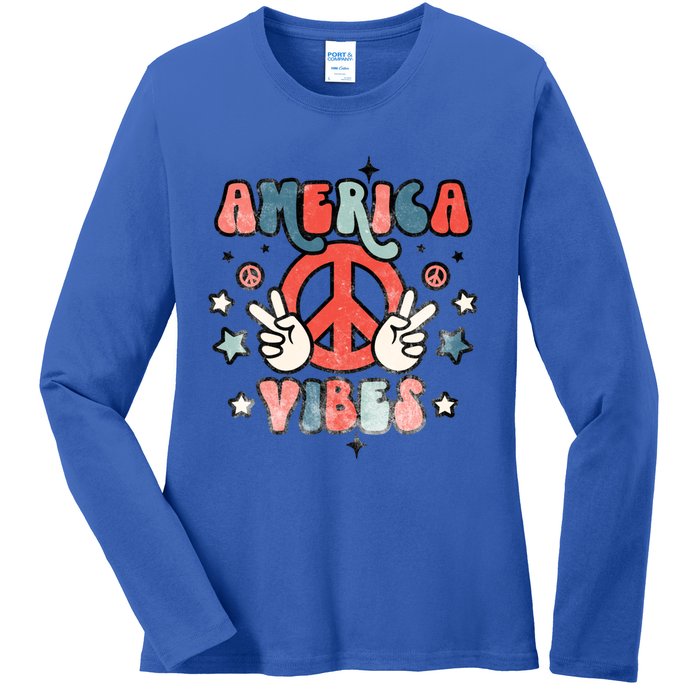 America Vibes Retro Distressed 4th Of July Vintage Graphic Cute Gift Ladies Long Sleeve Shirt