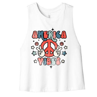 America Vibes Retro Distressed 4th Of July Vintage Graphic Cute Gift Women's Racerback Cropped Tank