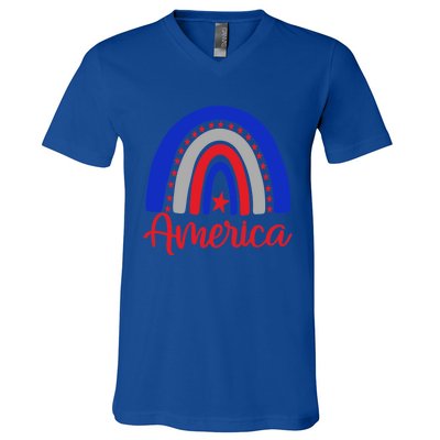 America Vintage Rainbow American Flag 4th Of July Patriotic Meaningful Gift V-Neck T-Shirt