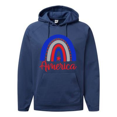 America Vintage Rainbow American Flag 4th Of July Patriotic Meaningful Gift Performance Fleece Hoodie