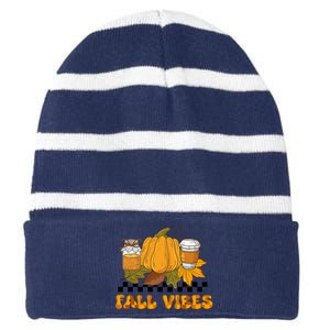 Autumn Vibes Seasonal Graphic Striped Beanie with Solid Band