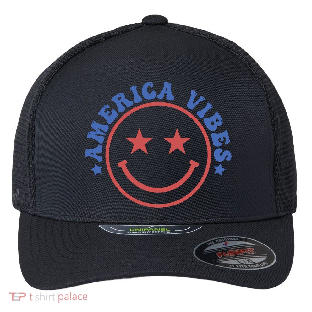 America Vibes Smiley 4th Of July Flexfit Unipanel Trucker Cap