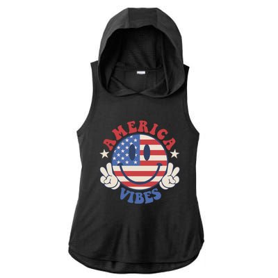 America Vibes Smile Face American Flag Groovy 4th Of July Cool Gift Ladies PosiCharge Tri-Blend Wicking Draft Hoodie Tank