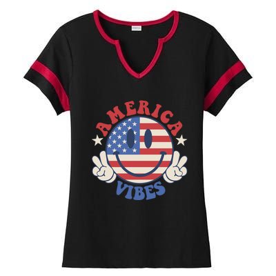 America Vibes Smile Face American Flag Groovy 4th Of July Cool Gift Ladies Halftime Notch Neck Tee