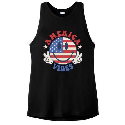 America Vibes Smile Face American Flag Groovy 4th Of July Cool Gift Ladies PosiCharge Tri-Blend Wicking Tank