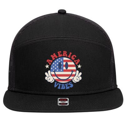 America Vibes Smile Face American Flag Groovy 4th Of July Cool Gift 7 Panel Mesh Trucker Snapback Hat